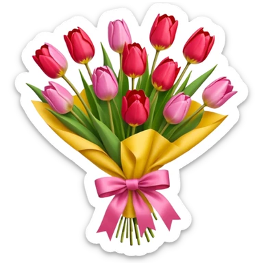 bouquet of tulip with bow and yellow wrapping paper sticker