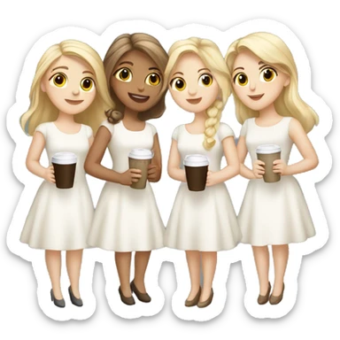 Four beautiful white european girls, one with blond hair and three with dark blond hair in dresses have coffee sticker