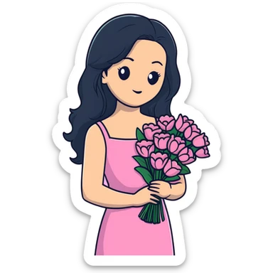 beautiful young woman with long black hair, fair skin, wearing pink dress and holding a bouquet of flowers sticker