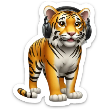 tiger standing on 2 feet wearing headphones sticker