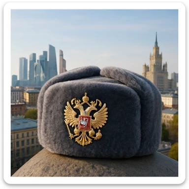 Russian ushanka hat with the emblem of Russia in a city background sticker