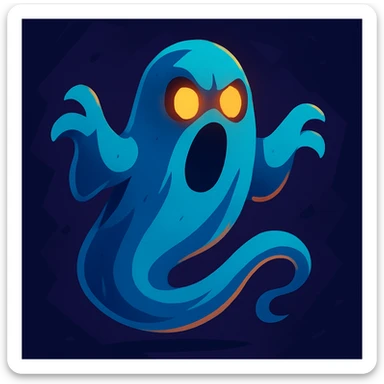 spooky ghost with glowing eyes, wispy tail, dark background, cartoon style sticker