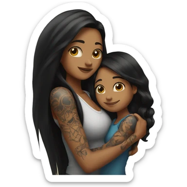 Girl with long black hair and tattoos and daughter with long brown hair hugging sticker
