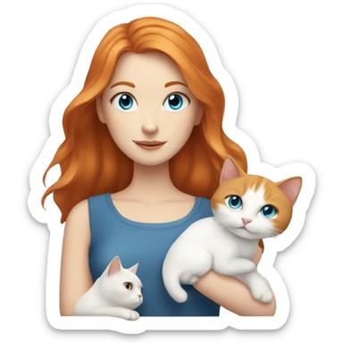 White girl with ginger hair and blue eyes holding a white cat and a gray cat sticker