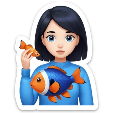 girl with black hair, white skin, blue sweater, and nemo fish sticker