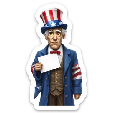 Uncle Sam with pitiful eyes holds a sign at full height waist photorealistic serious sticker