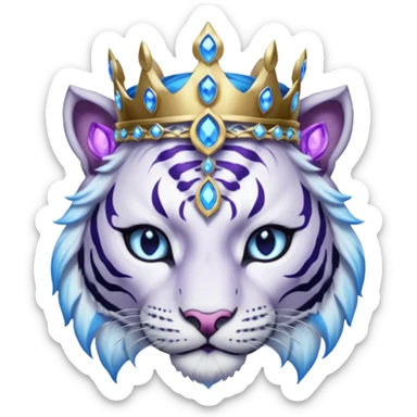 ESO Female white/black tiger khajiit leader of the umbral rose, glowing blue eyes, glowing blue 'third eye' gem; silver crown/tiara with purple gems  sticker