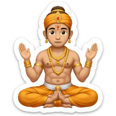 Hanuman ji seated and praying with close eyes with golden mukut and only in dhoti no upper wearings and tail behind sticker