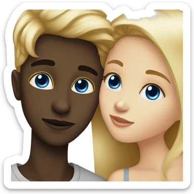 Blonde blue eyed girl giving dark skinned brown haured boy a kiss  sticker