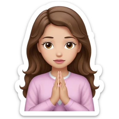 girl with wavy long brown hair, brown eyes, light to medium complexion, long lashes, light pink lipstick, praying, wearing light pink shirt sticker