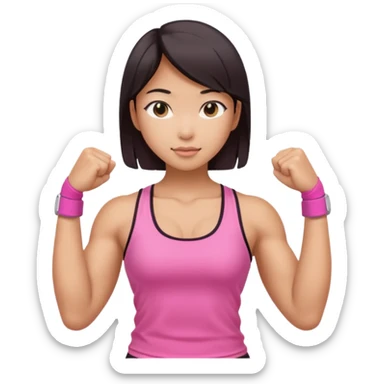Athletic Asian girl show biceps wearing pink sticker