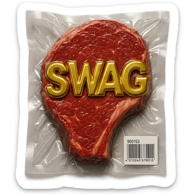 juicy steak with shiny gold 'SWAG' text across the surface, shiny and inflated vacuum-sealed style sticker