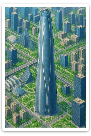 Изометричная, яркая, детализированная, объемная и фотореалистичная иллюстрация башни Tianjin CTF Finance Centre. В стиле 3D-коллажей городов, насыщенные цвета, аккуратные и чёткие линии, мультяшно-реалистичная стилистика. Чёткие контуры, не размазанные линии, высокое качество, прозрачный фон, не обрезать края картинки sticker