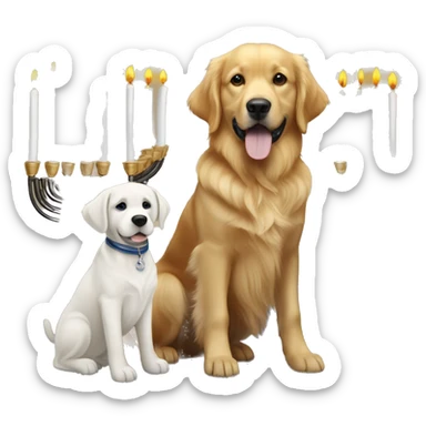golden retriever and black and white labrador next to menorah  sticker