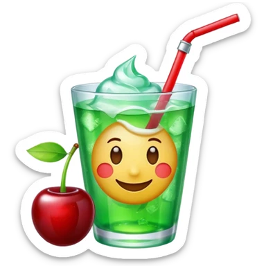 Create an emoji with a very clear rounded glass and ice, bright transparent green soda , a smooth vanilla scoop circle shape, a glossy red cherry, using vibrant colors, soft shading, and clear glass highlights.
 sticker
