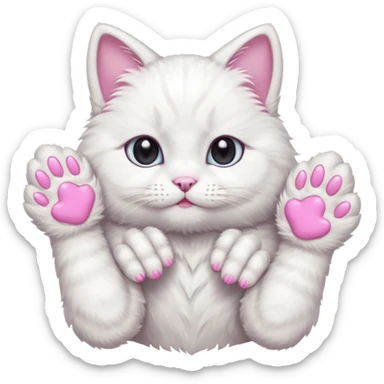 white cat fluffy paw, view from the top, pink nails, cute sticker