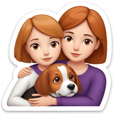The girl with the melange girl and brown eyes hugs a beagle sticker