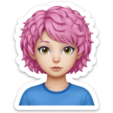 a Black cat wearing a short curly pink hair wig, blue T-shirt sticker