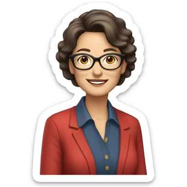 Woman in her 60s, with dark brown hair, pale skin, glasses, brown eyes, smiling wearing a red blazer, collared shirt,  jeans sticker