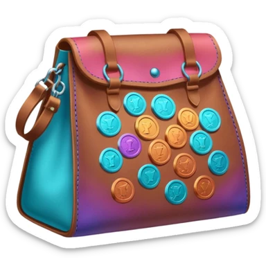 coins  inside a brown leather bag Coins color -in gradient of turquoise, blue, pink, purple, and coral sticker