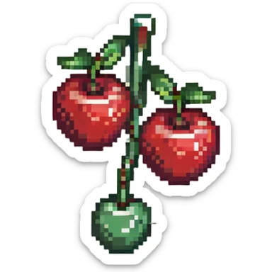 Pixel art of two red cherries with green stem sticker