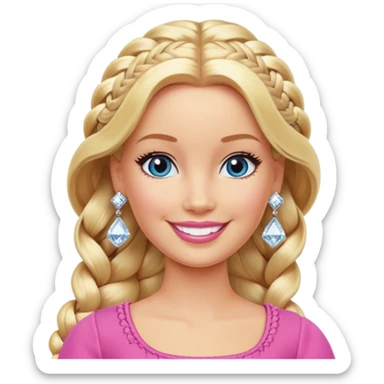 Braided blonde hair, Barbie with diamond earrings, smiling sticker