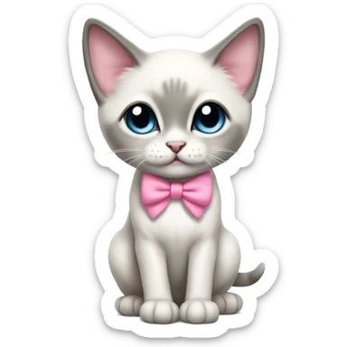 kawaii white and gray siamese kitten with pink bow full body sticker