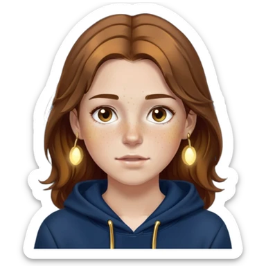 Girl with brown hair and gold lights in her hair and a navy blue hoddie, with freckles sticker
