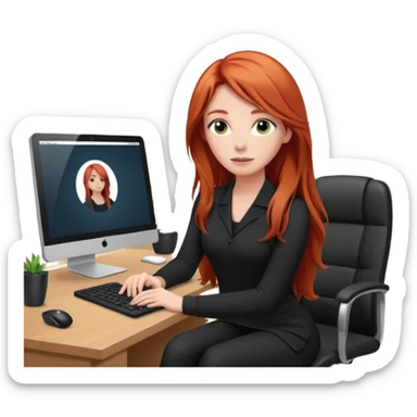 Video call therapy session: red-haired therapist with long hair wearing black minimalist clothing, seated in a professional home office, looking at the webcam; calm, modern teletherapy setting sticker