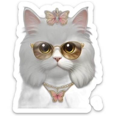 Persian cat wearing a tiara, sunglasses, and necklace with a butterfly shaped pendant sticker