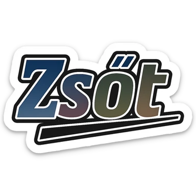 Text image of the name 'Zsolt' in a masculine, modern font with gradient colors (blue, gray, burgundy, green, brown), precise Hungarian characters, dark contour, extra thick, prominent white letter border, dynamic slanted underline, 1000x1000 px, PNG, transparent background. sticker