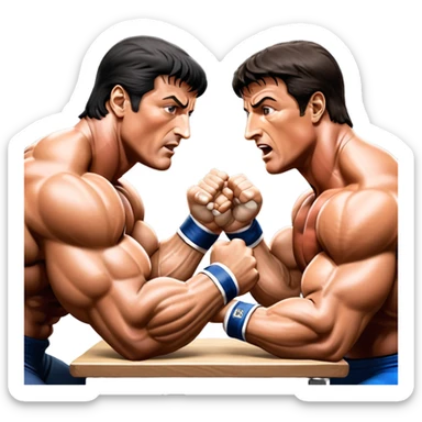 Iconic scene from the movie Over the Top, featuring Sylvester Stallone in a fierce arm wrestling match, symbolizing powerlifting. Stallone flexes his muscles while gripping the arm of his opponent, the intense battle for strength showcased with dramatic lighting. Transparent background. sticker