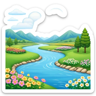 landscape with river, flowers, and clouds sticker