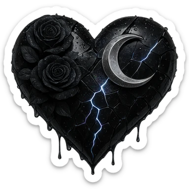 Edit the gothic heart to feature splintered deep black glass, silver crescent moon, black roses, holographic stardust, neon lightning, and a wet look. Keep the background transparent. sticker