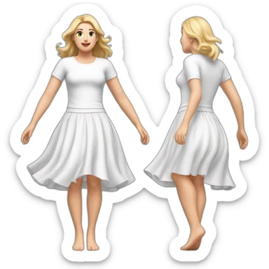 Hyperrealistic Full body Caucasian curvy beauty jumping white skirt back and front views strong wind sticker