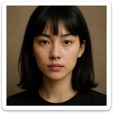 portrait of a girl with black shoulder-length hair, bangs, black almond-shaped eyes, full lips, and straight nose sticker