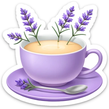 White teacup on a pastel purple plate, lavender flowers on the side, pastelcore aesthetic sticker