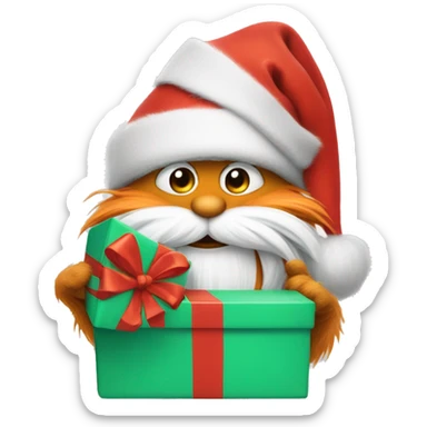 the Lorax holding a Christmas present wearing a Santa hat sticker