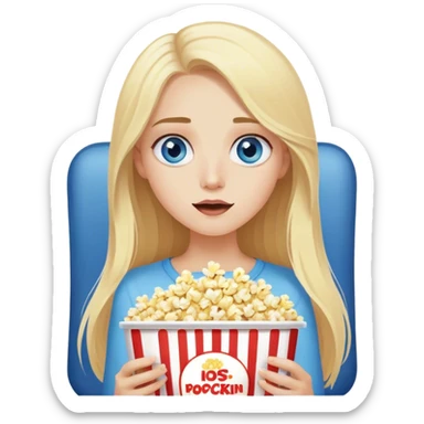Cinematic realistic blonde with long hair, blue eyes watching TV and eating popcorn sticker