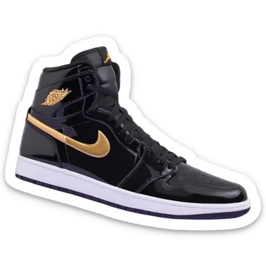 Jordan 1 sneaker, patent leather black material with a metallic gold swoosh sticker