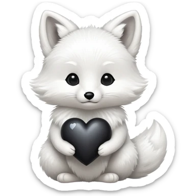 Baby white fox holding a black heart sticker