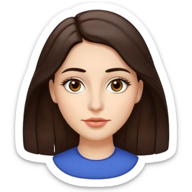 A woman emoji with fair skin, slightly wavy dark brown hair parted in the middle, an oval-shaped face, arched dark eyebrows, almond-shaped brown eyes, a small straight nose, and full lips. sticker