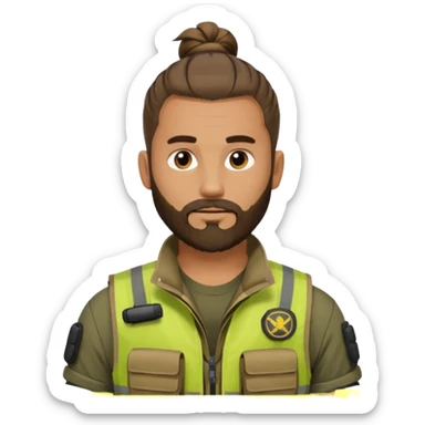 emoji of a man with a man bun, beard, tactical vest, no glasses sticker