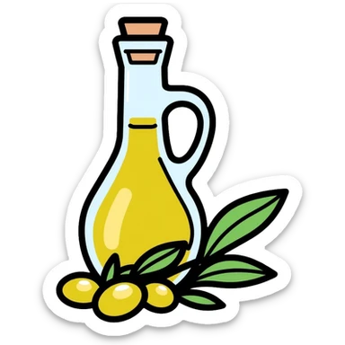 Olive oil bottle with olives beside it sticker