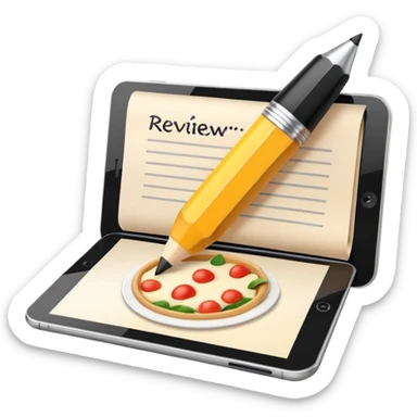 3D icon symbolizing writing a review and sharing opinions, food app context, single object, modern and clean style, soft lighting, isolated, no background sticker