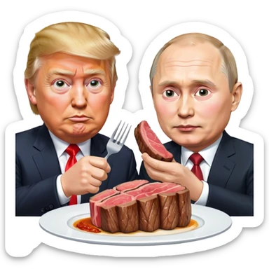 photorealistic Donald Trump and Putin eating a steak shaped like an piece of land sticker