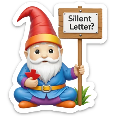A zen rainbow garden gnome, holding sign "Silent Letter Day, who's with me?” sticker