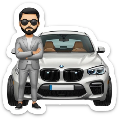 A man with black hair and beard standing next to his silver grey BMW X4 M competition with sunglasses and slick hair sticker