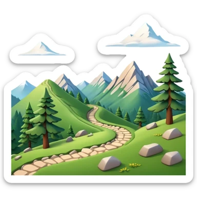 A 3D cartoon mountain trail winding up green slopes with stones and pine trees, distant peaks in background, warm daylight, Memoji-style. sticker