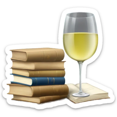 a glass of white wine and a stack of books sticker